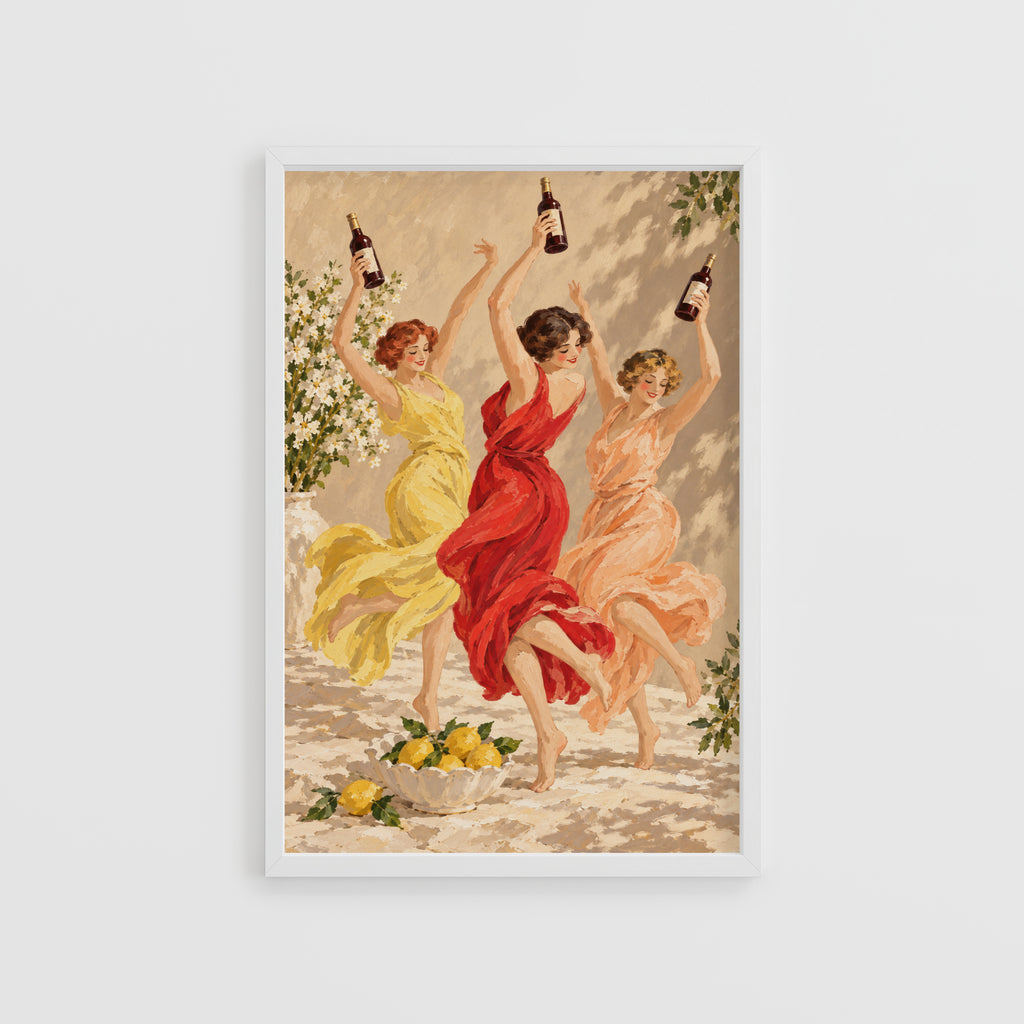 Vintage Print Poster, Dancing Women Wine Wall Art