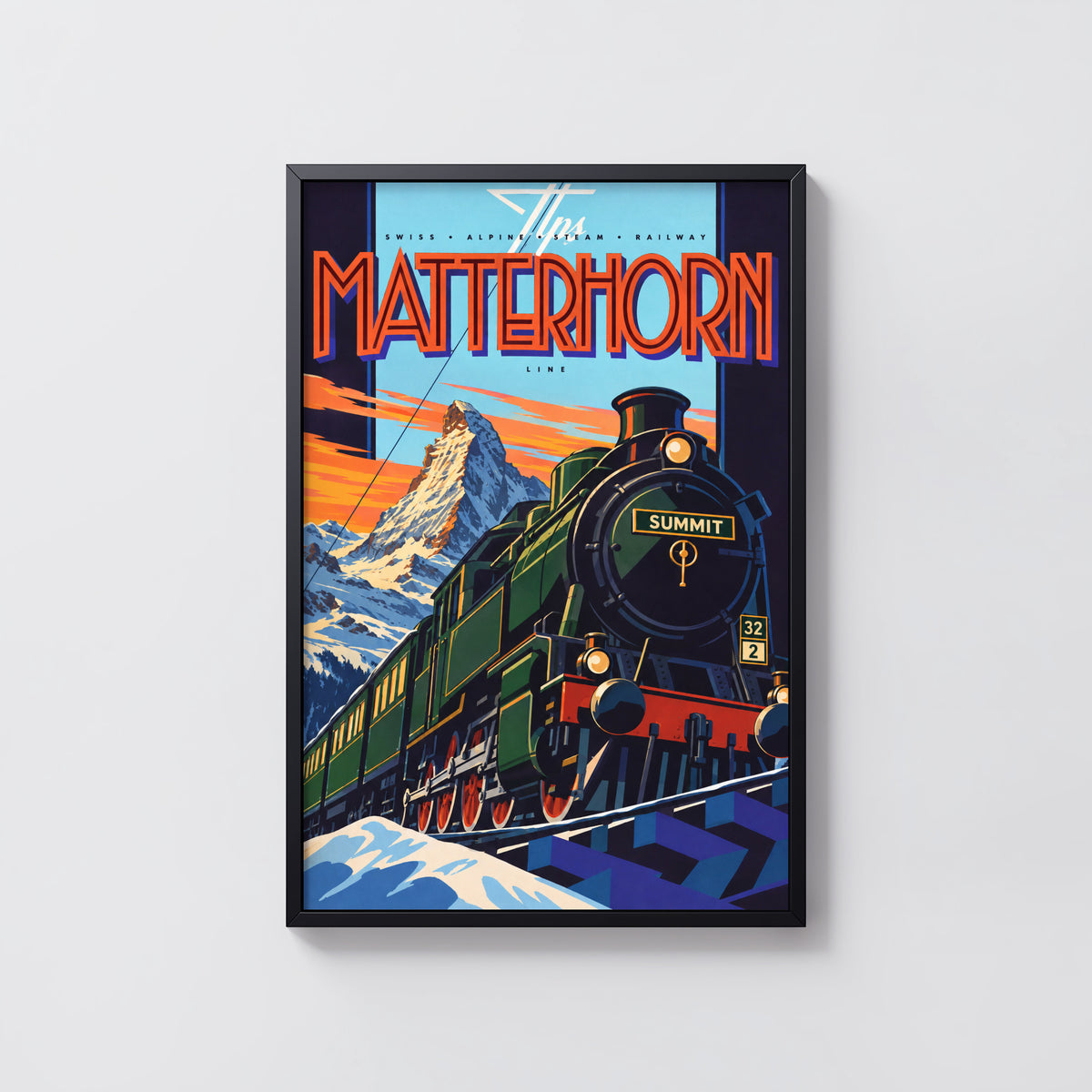 Vintage Matterhorn Train Print Poster, Swiss Alps Wall Art