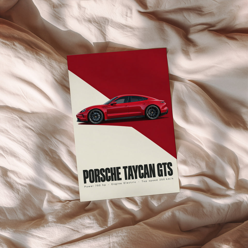 Vintage Porsche Taycan GTS Print, Car Poster, Red Wall Art