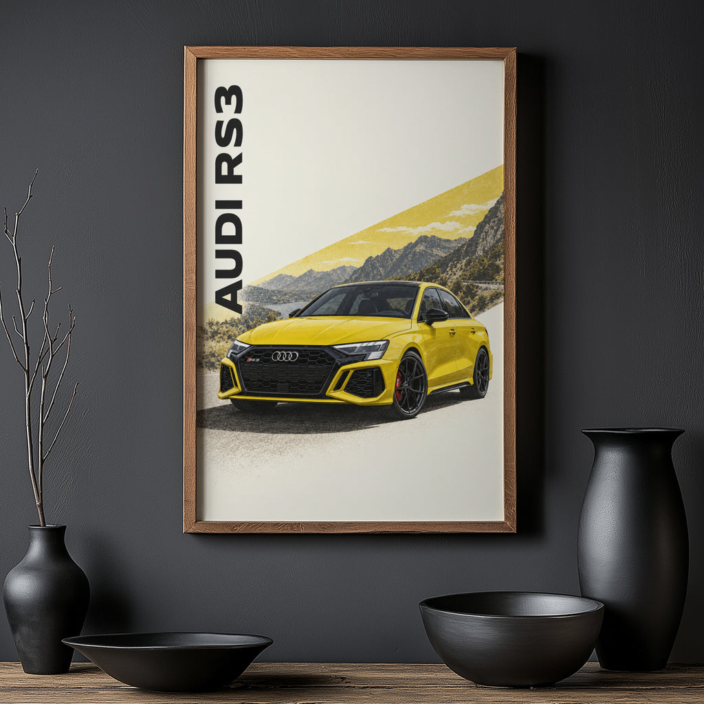 Vintage Audi RS3 Print, Yellow Car Wall Art