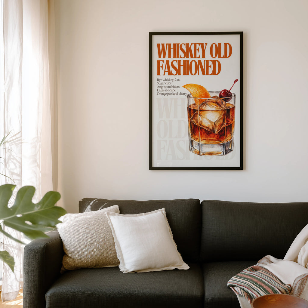 Vintage Old Fashioned Cocktail Print Poster, Bar Art