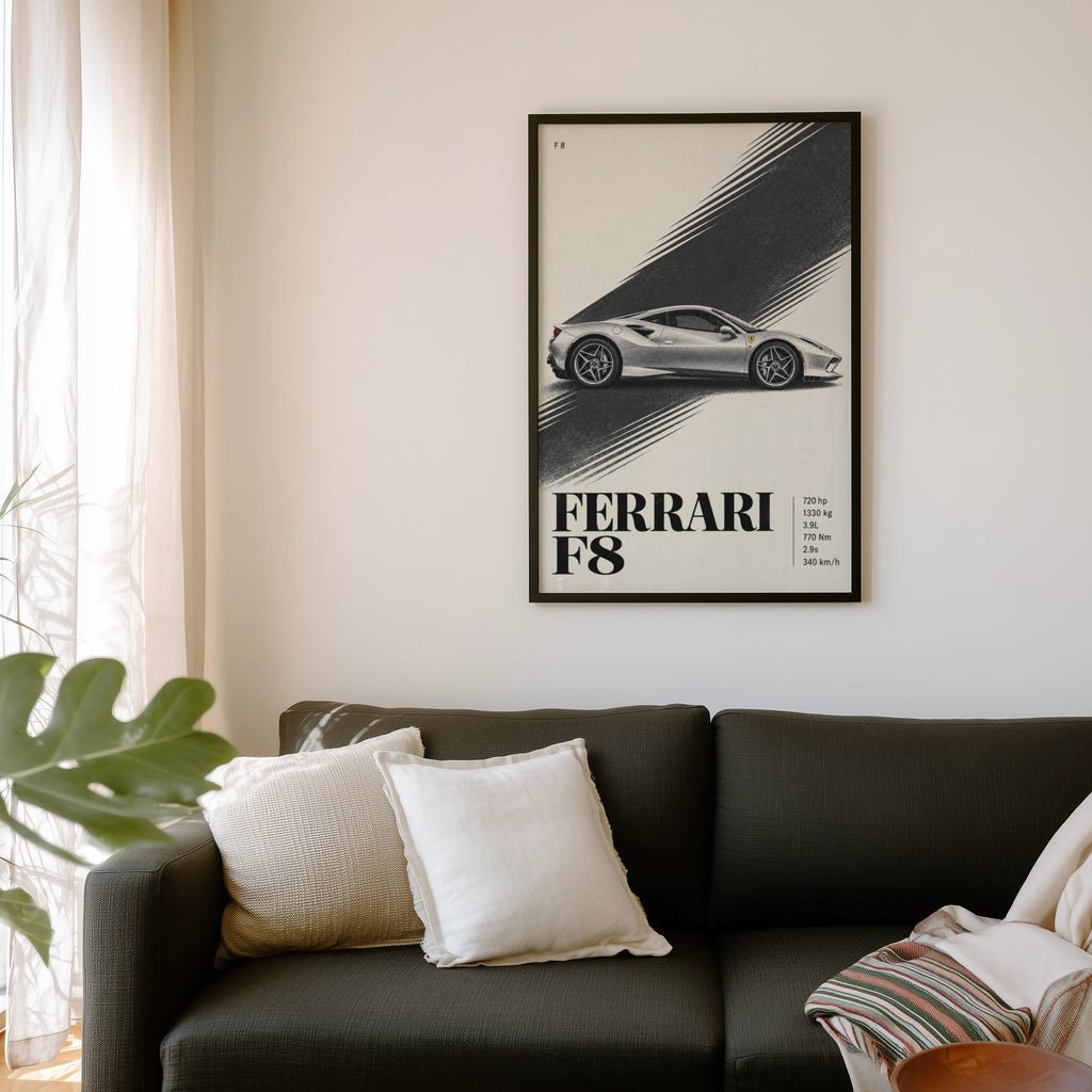 Vintage Ferrari F8 Print, Supercar Wall Art