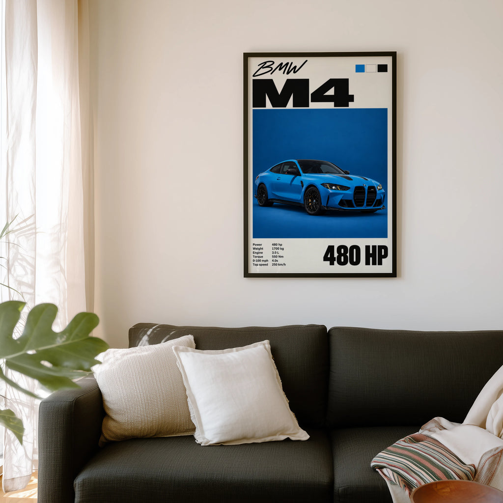 Vintage BMW M4 Print, Blue Coupe Car Wall Art