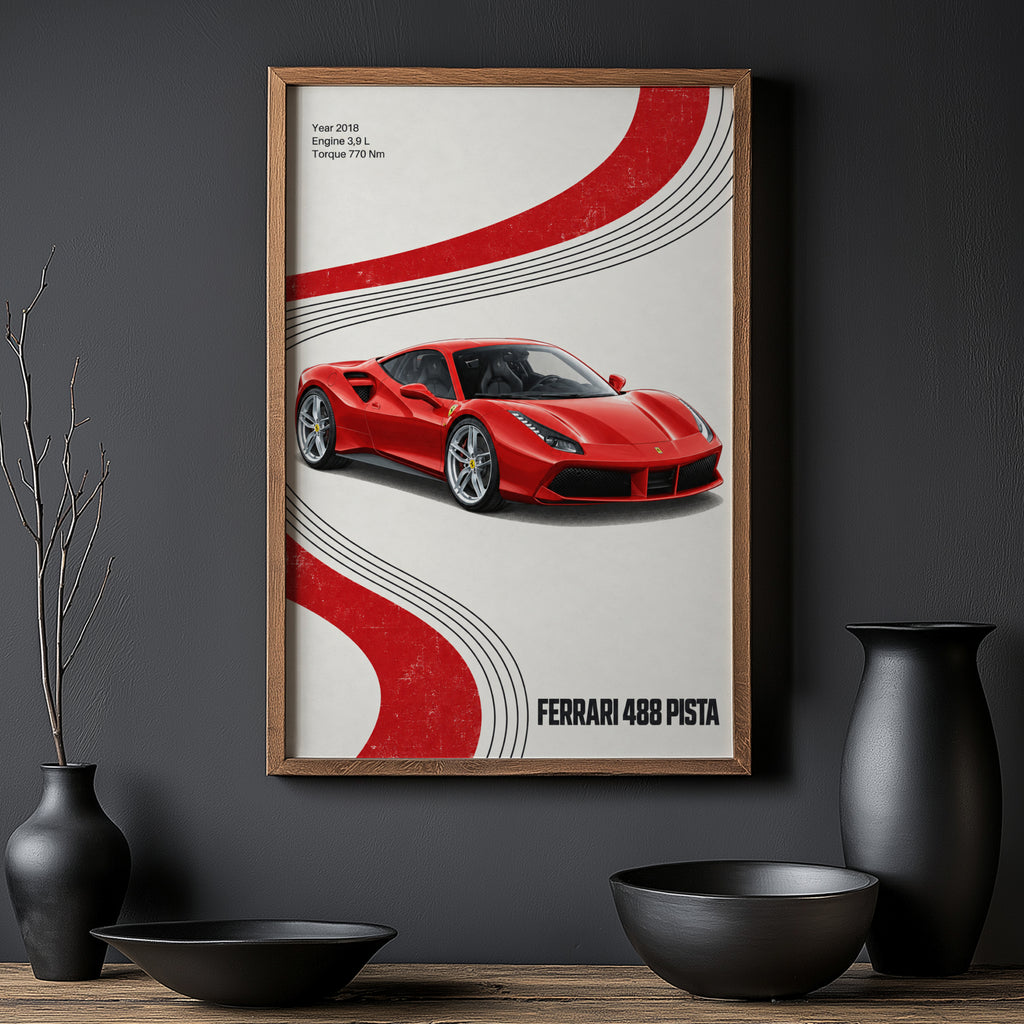 Vintage Ferrari 488 Pista Print, Red Supercar Art