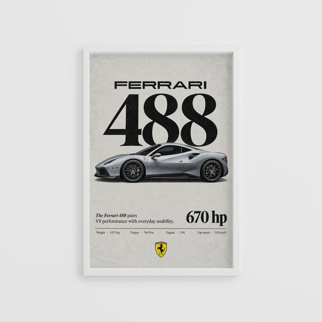 Vintage Ferrari 488 Print, Car Poster, Supercar Wall Art