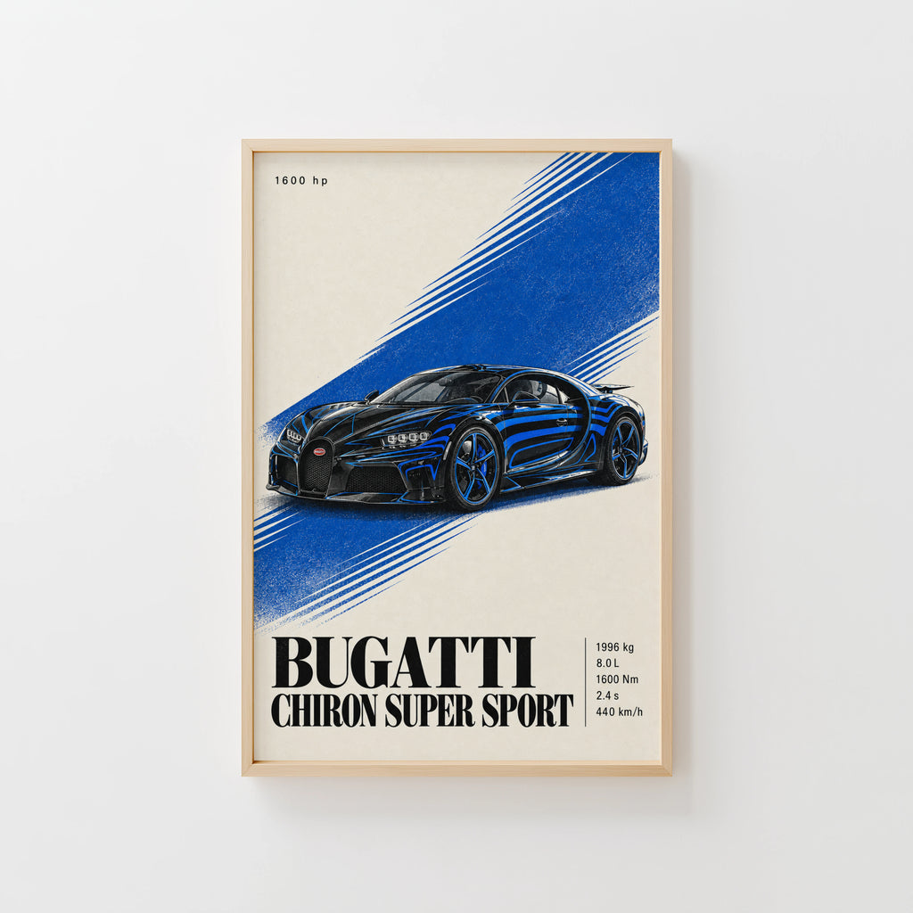 Vintage Bugatti Chiron Print, Blue Car Poster, Wall Art