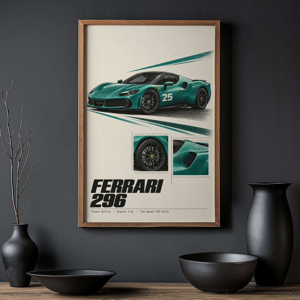 Vintage Ferrari 296 Print, Teal Supercar Wall Art