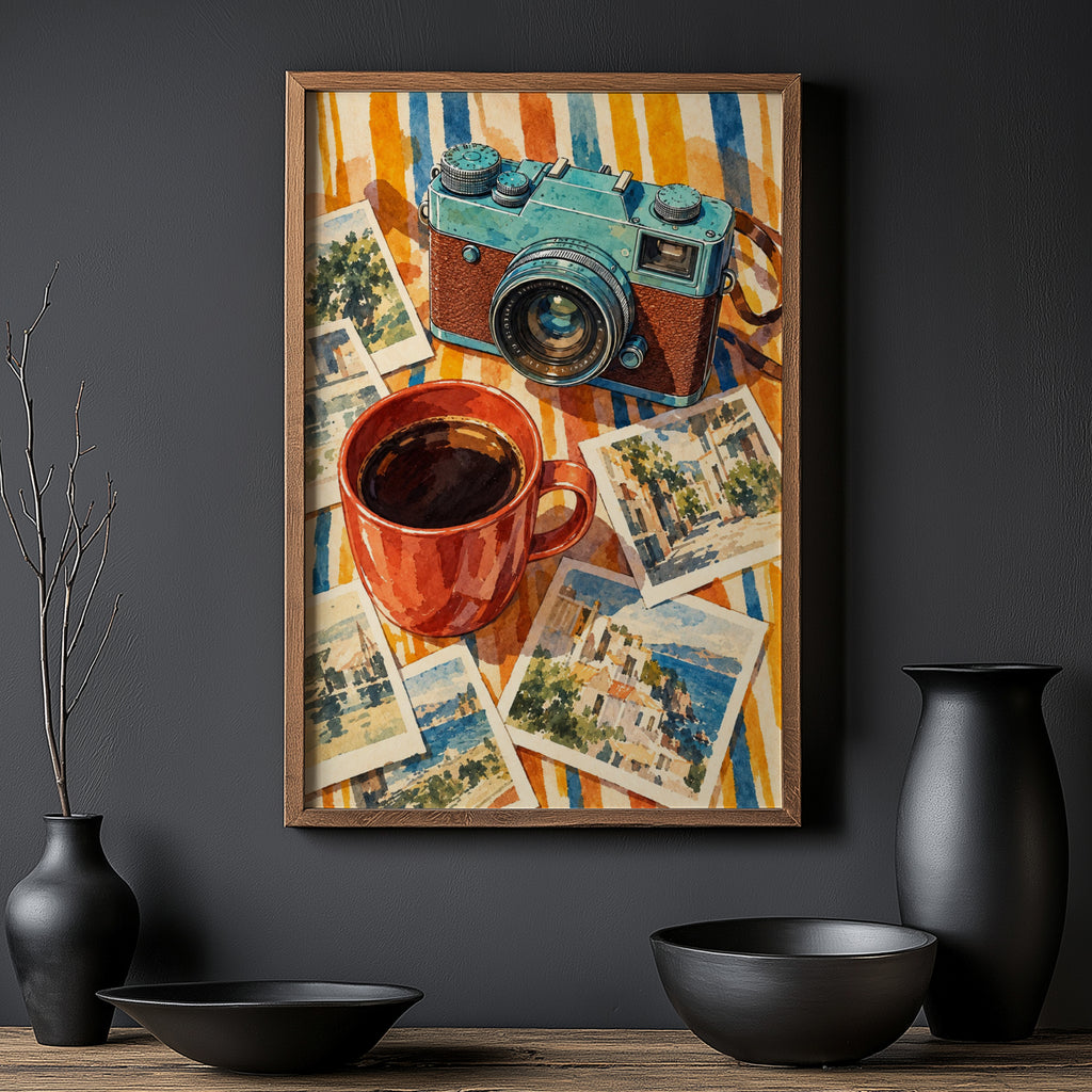 Vintage Coffee Print Poster, Retro Camera Wall Art