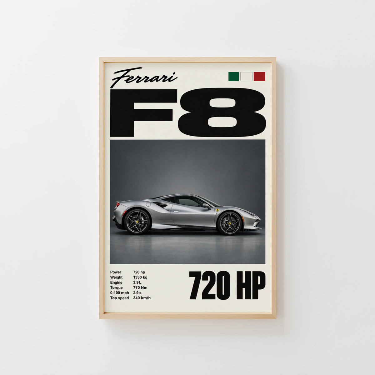 Vintage Ferrari F8 Print, Supercar Wall Art