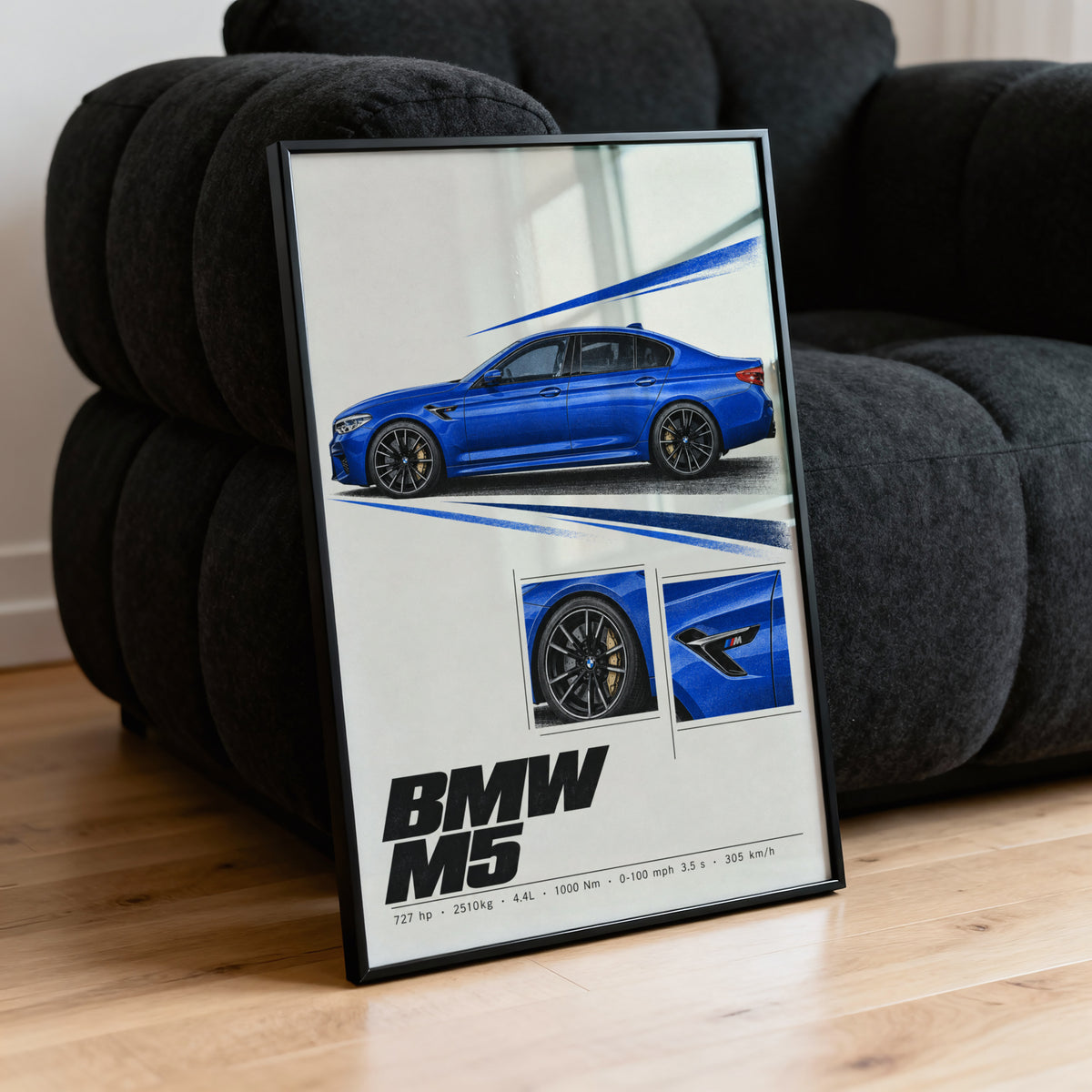 Vintage BMW M5 Print, Car Wall Art, Blue Sedan