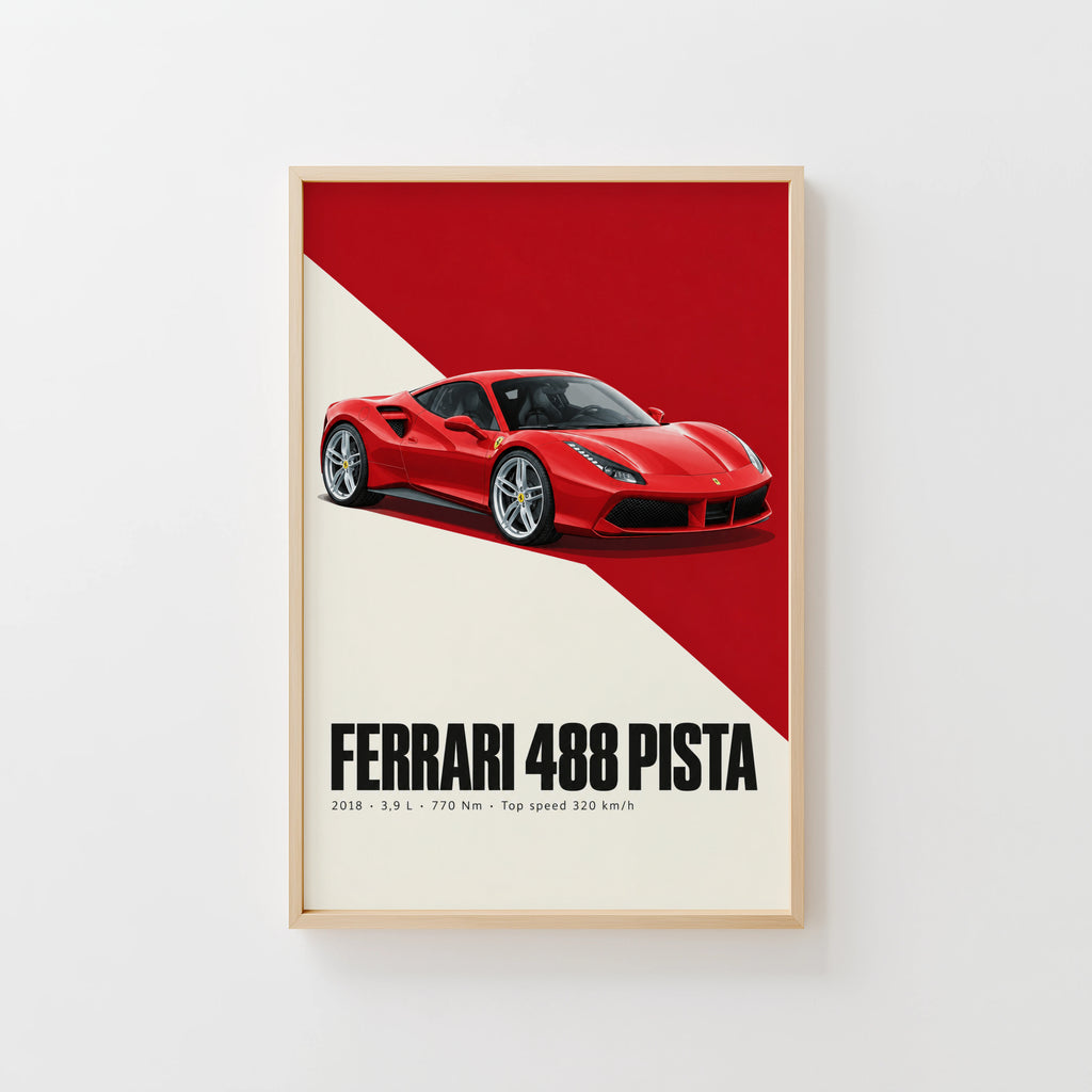 Vintage Ferrari 488 Pista Print, Supercar Wall Art