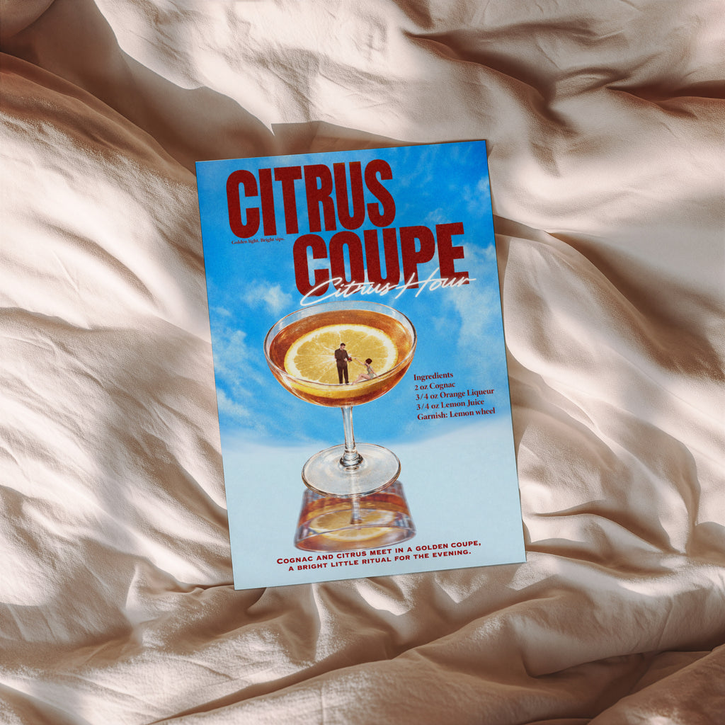 Vintage Citrus Coupe Cocktail Print Poster, Bar Art