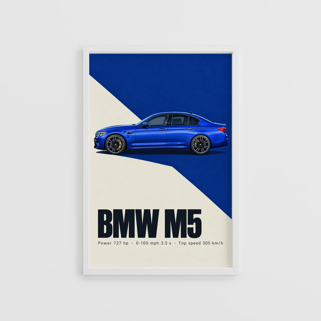Vintage BMW M5 Print, Car Wall Art, Blue Sedan