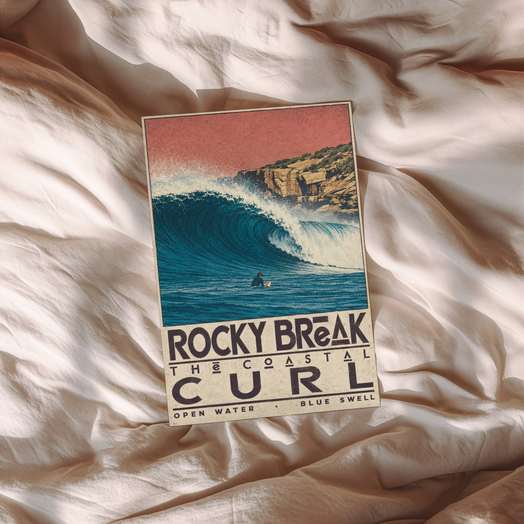 Vintage Surf Print, Rocky Break Poster, Coastal Wave