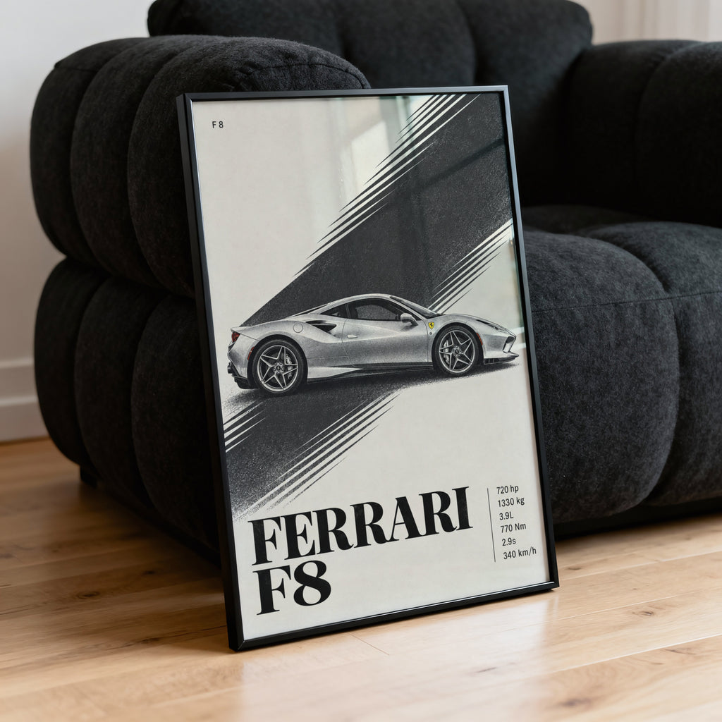 Vintage Ferrari F8 Print, Supercar Wall Art