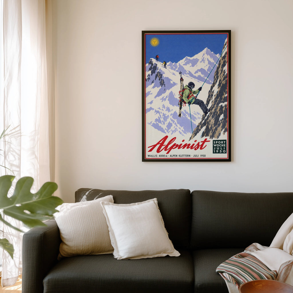 Vintage 1950 Alpinist Alps Climbing Print, Ski Poster