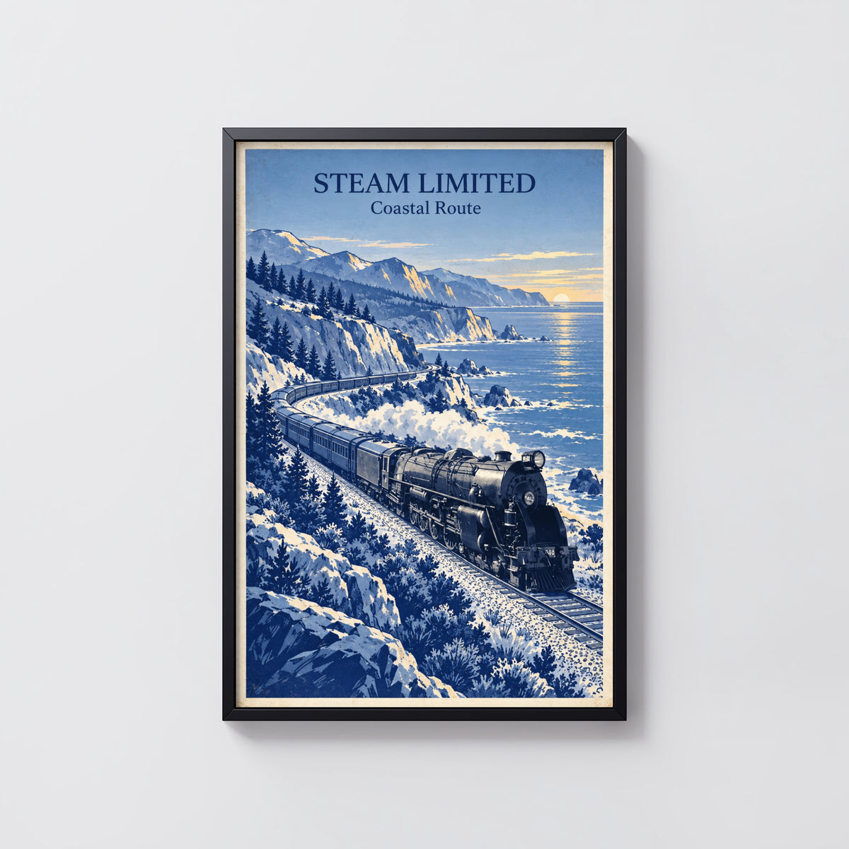 Vintage Steam Train Print Poster, Coastal Wall Art