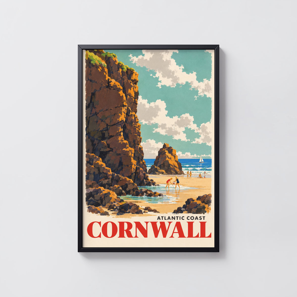 Vintage Cornwall Poster, Coastal Wall Art, Beach Print