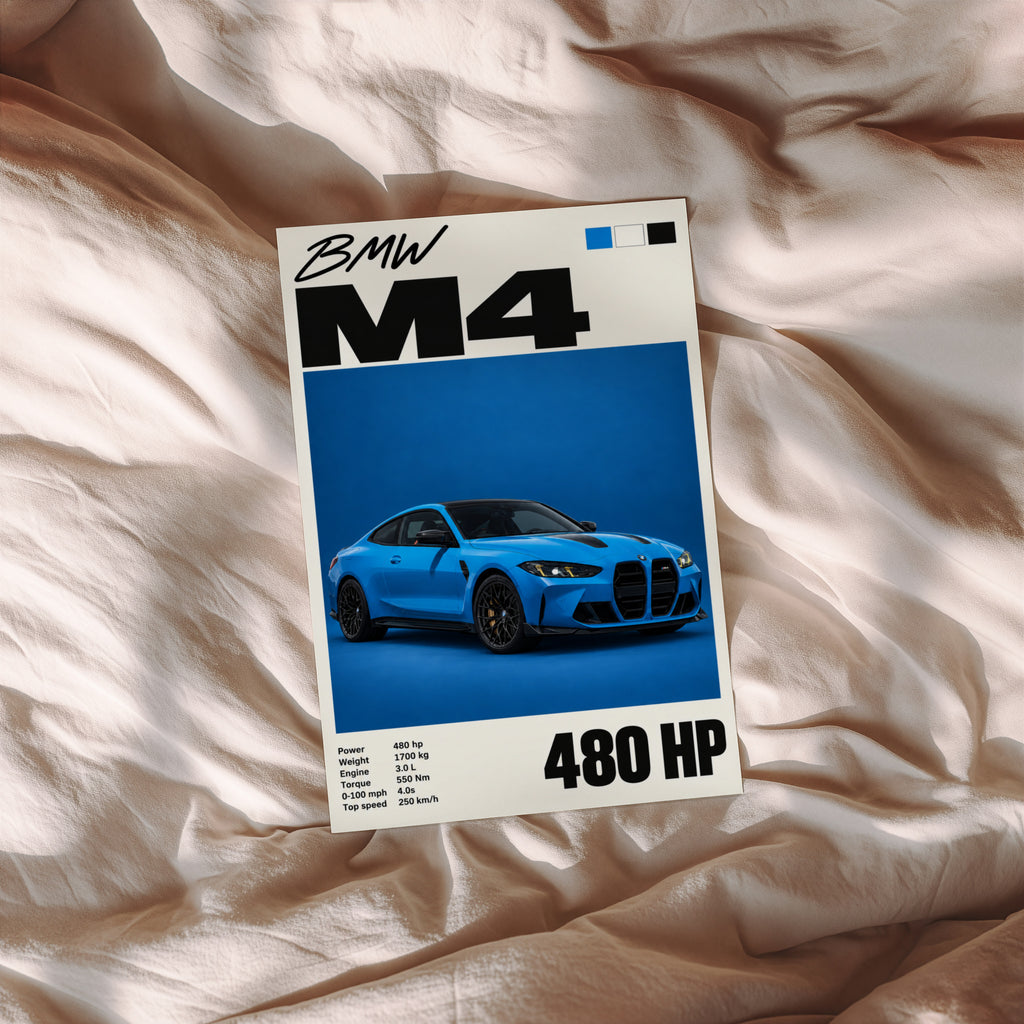 Vintage BMW M4 Print, Blue Coupe Car Wall Art