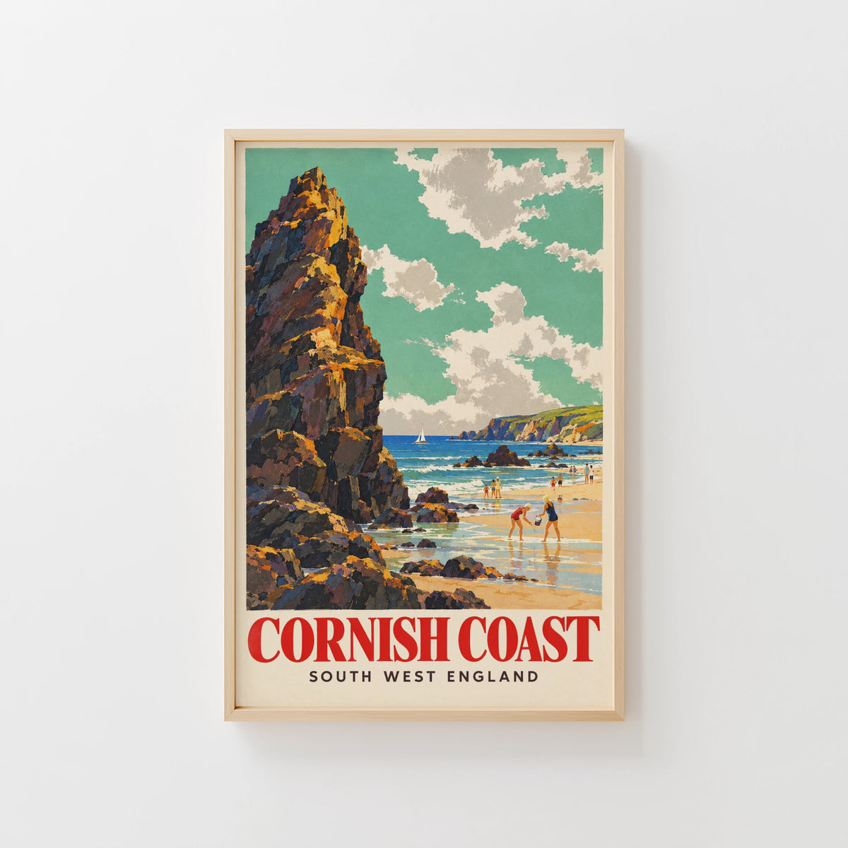 Vintage Cornish Coast Poster, Seaside Wall Art, Beach Print