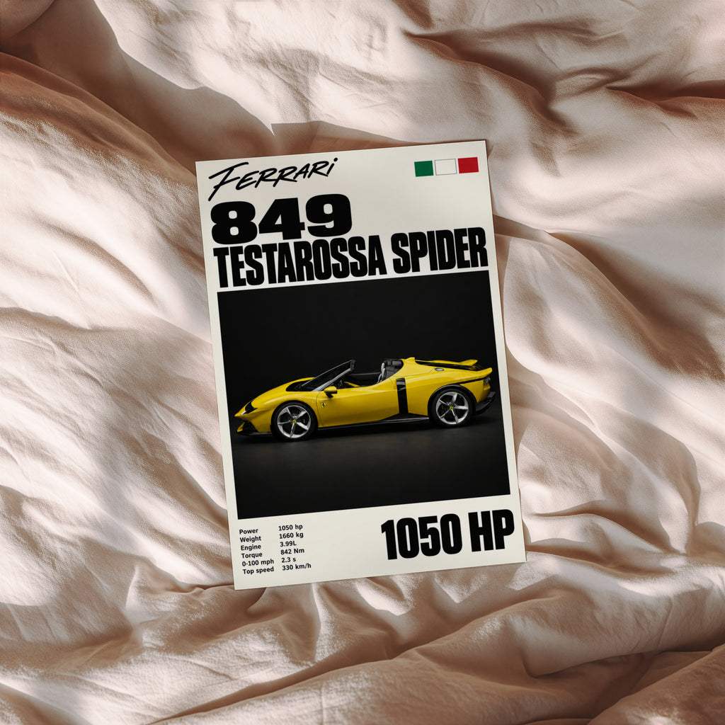 Vintage Ferrari Print, Yellow Supercar Wall Art