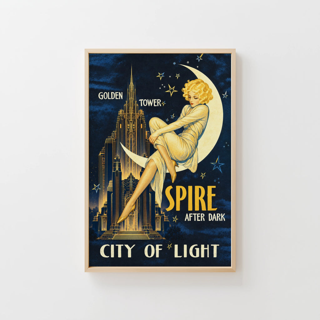 Vintage Art Deco Moon Lady Poster, Night City Wall Art Print