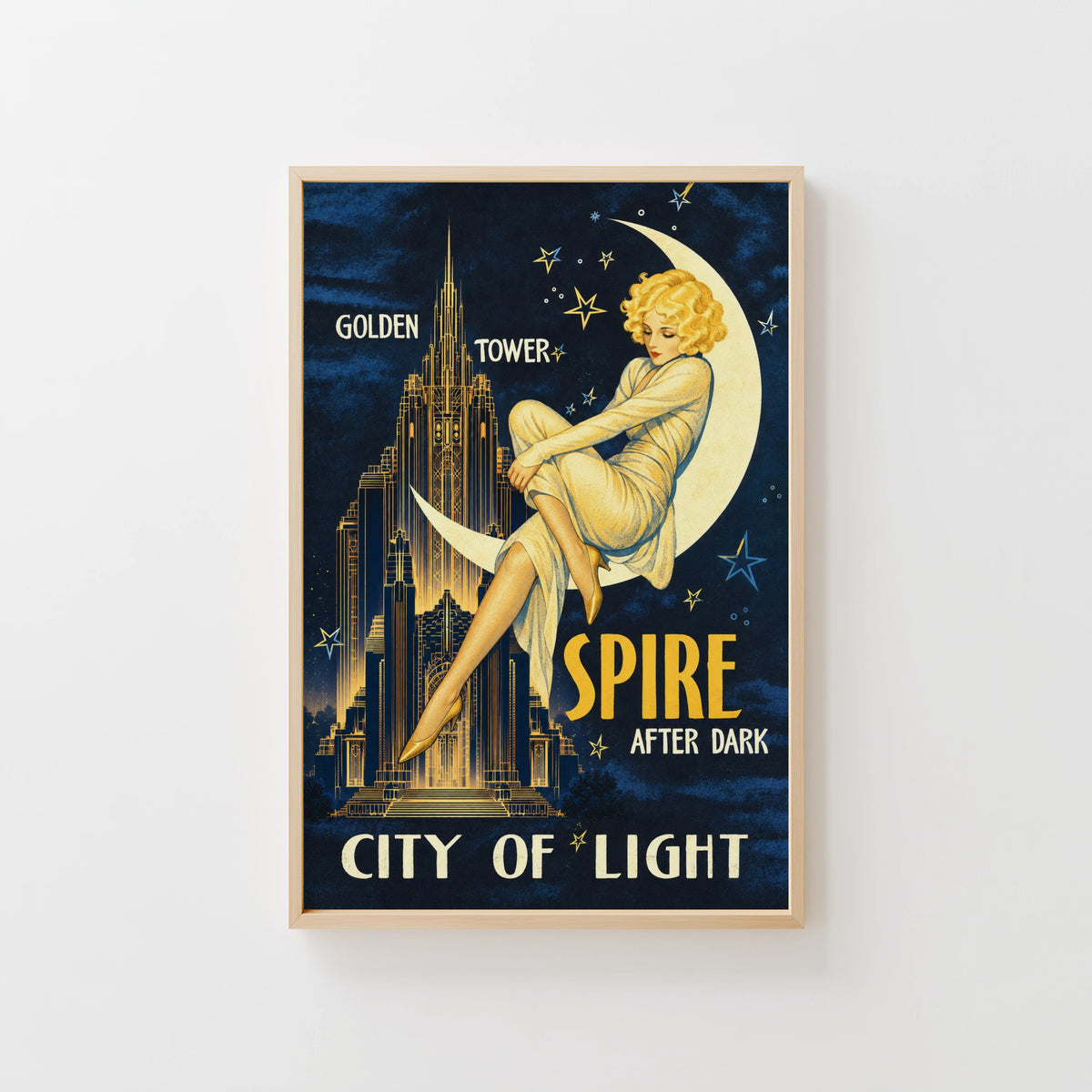 Vintage Art Deco Moon Lady Poster, Night City Wall Art Print