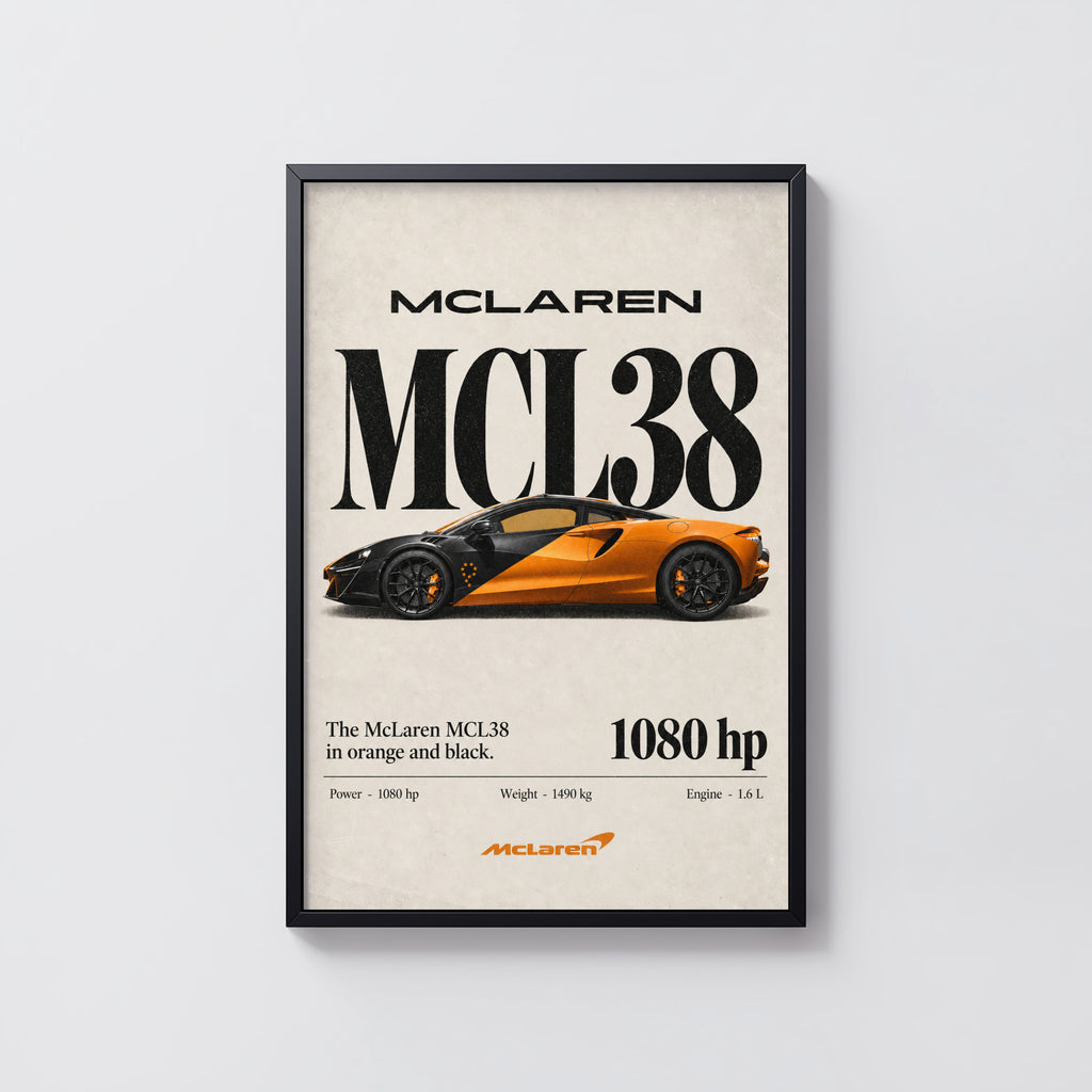 Vintage McLaren MCL38 Print, Orange Supercar Art