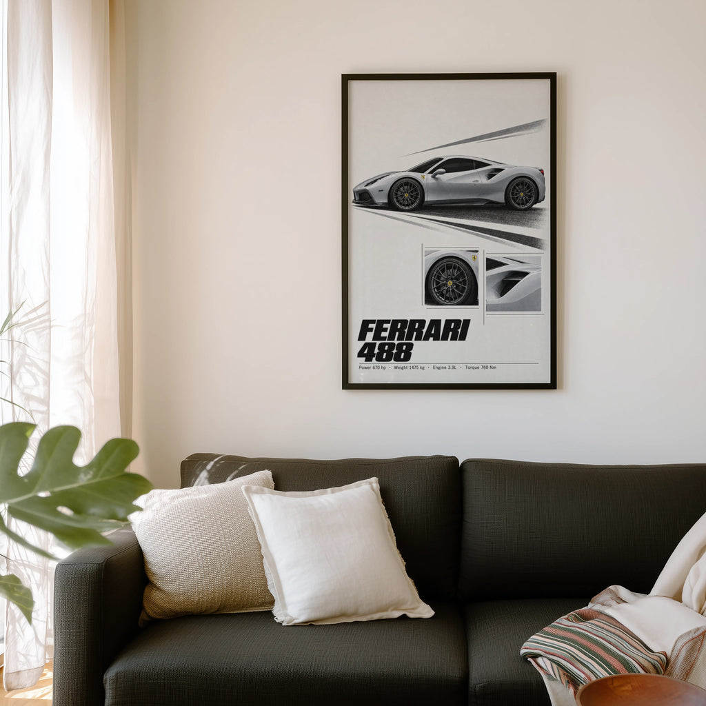 Vintage Ferrari 488 Print, Car Poster, Supercar Wall Art