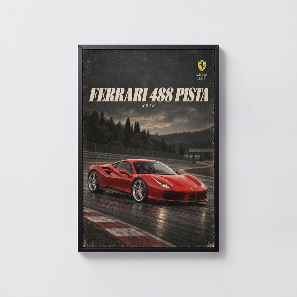 Vintage Ferrari 488 Pista Print, Supercar Wall Art