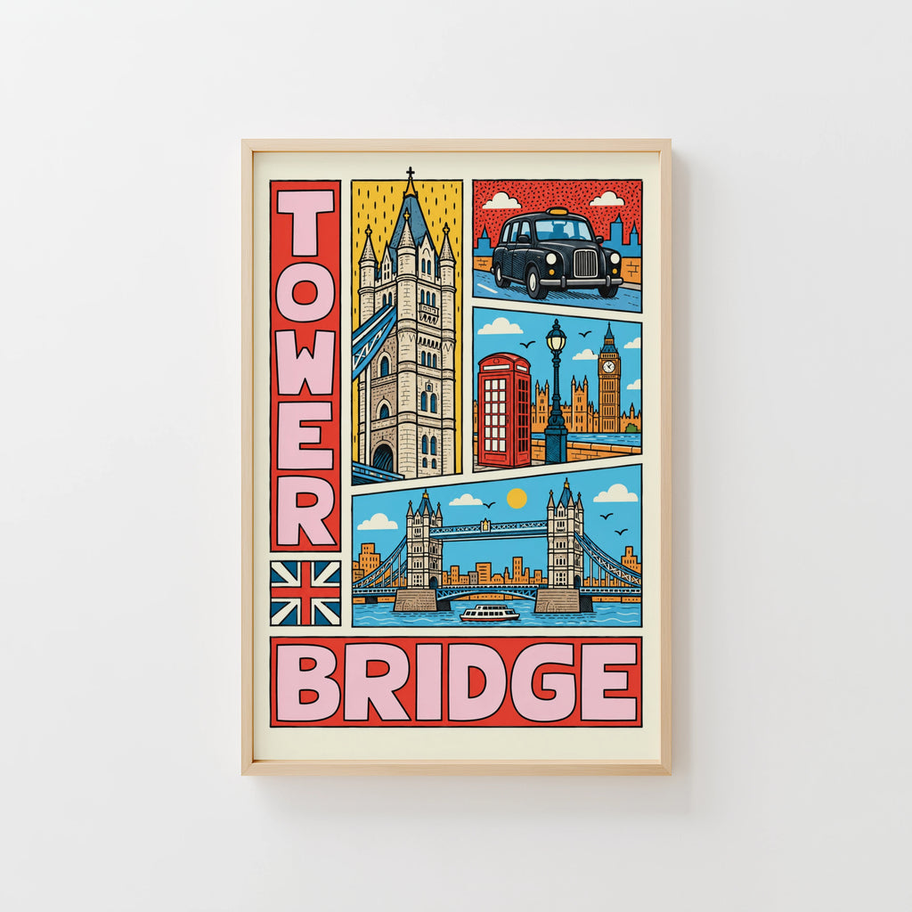 Vintage Tower Bridge London Poster, Colourful Wall Art Print