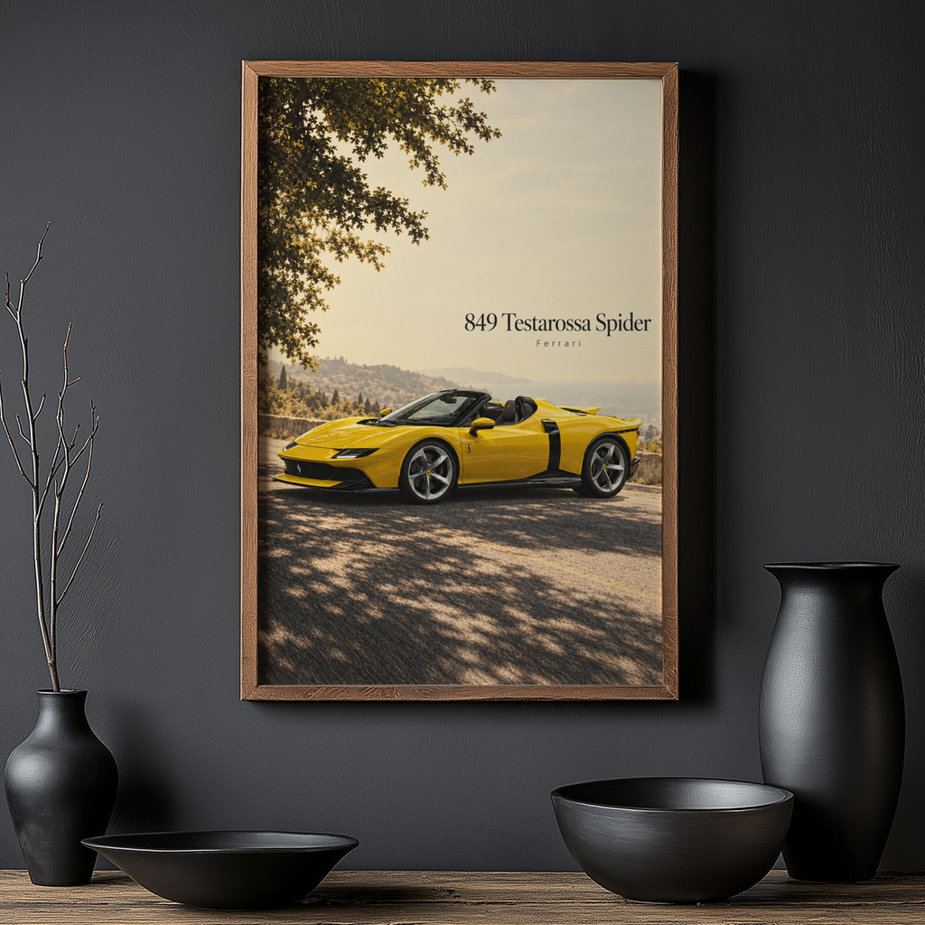 Vintage Ferrari Print, Yellow Supercar Wall Art
