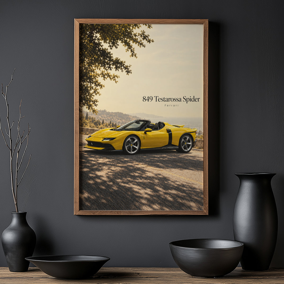 Vintage Ferrari Print, Yellow Supercar Wall Art