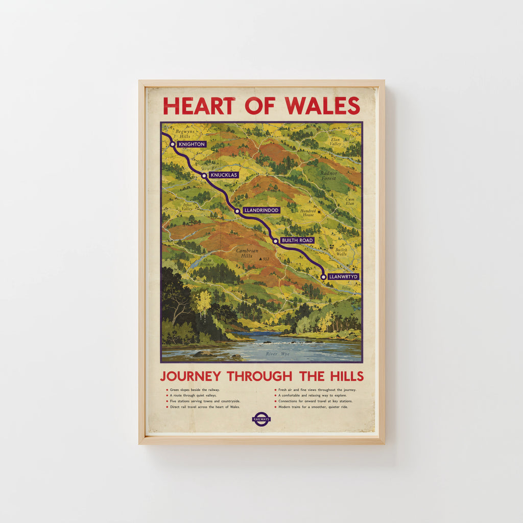 Vintage Heart of Wales Railway Print Poster, Welsh Hills