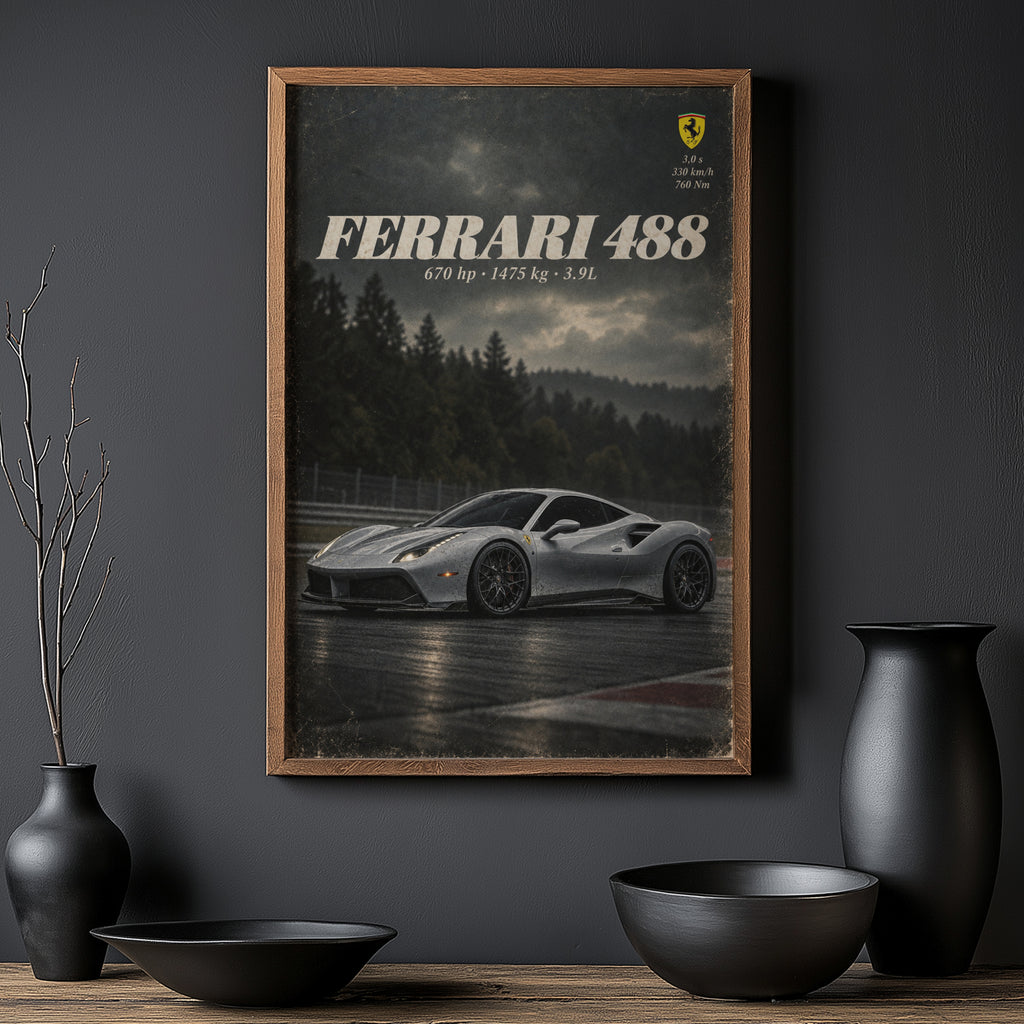 Vintage Ferrari 488 Print, Car Poster, Supercar Wall Art