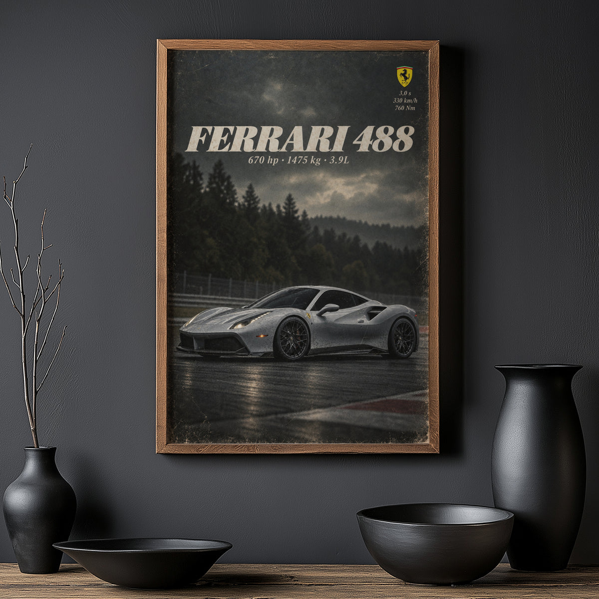 Vintage Ferrari 488 Print, Car Poster, Supercar Wall Art