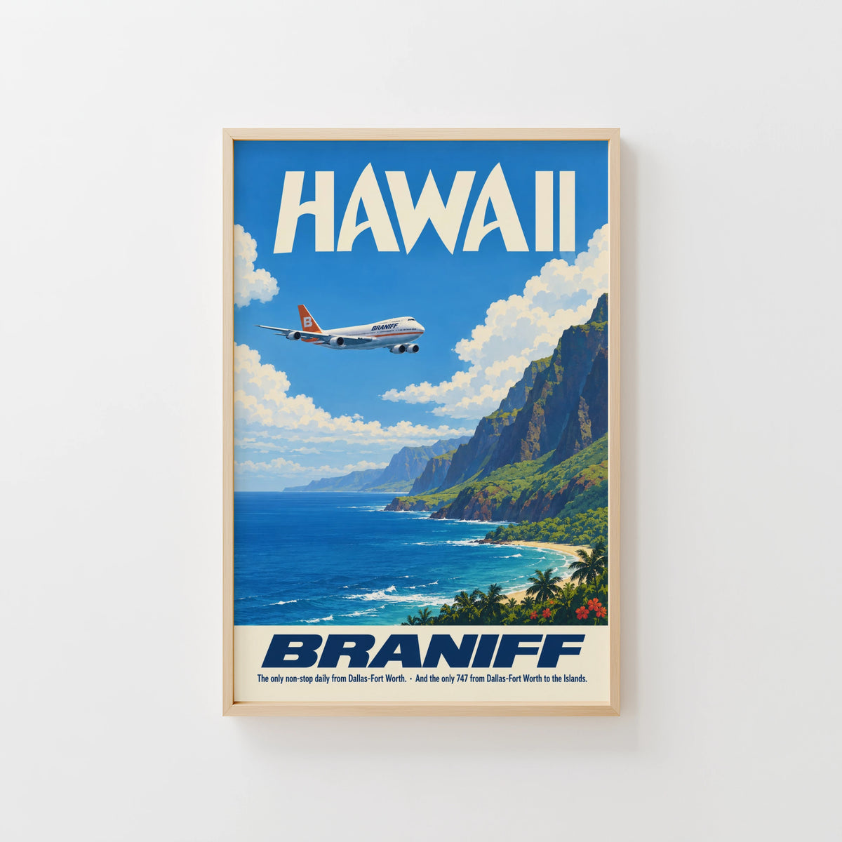 Vintage Hawaii Poster, Braniff 747 Wall Art, Airline Print