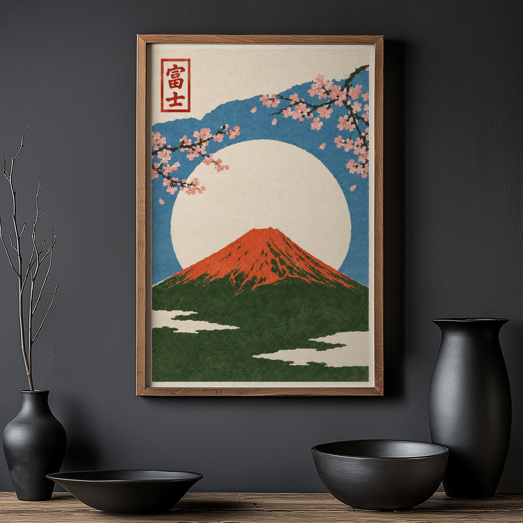 Vintage Mount Fuji Print, Japanese Poster, Cherry Blossom