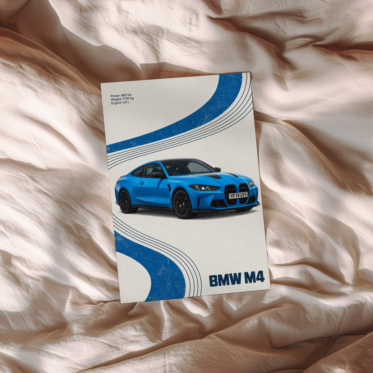 Vintage BMW M4 Print, Blue Retro Car Wall Art