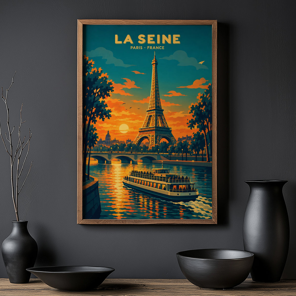Vintage Paris Poster, Eiffel Tower Wall Art, Seine Print