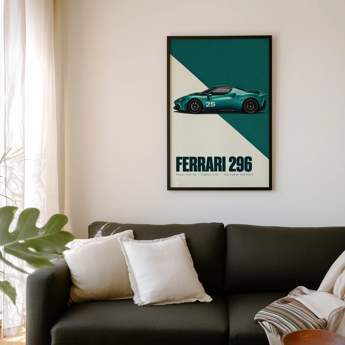 Vintage Ferrari 296 Print, Teal Car Wall Art