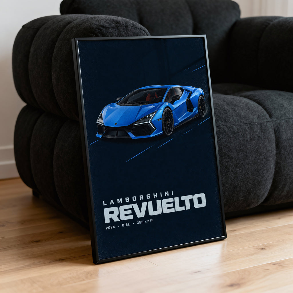 Vintage Lamborghini Revuelto Print, Blue Supercar