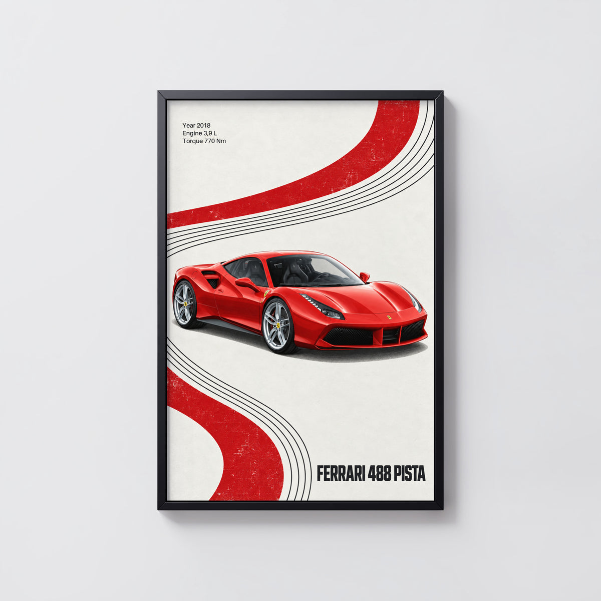 Vintage Ferrari 488 Pista Print, Red Supercar Art