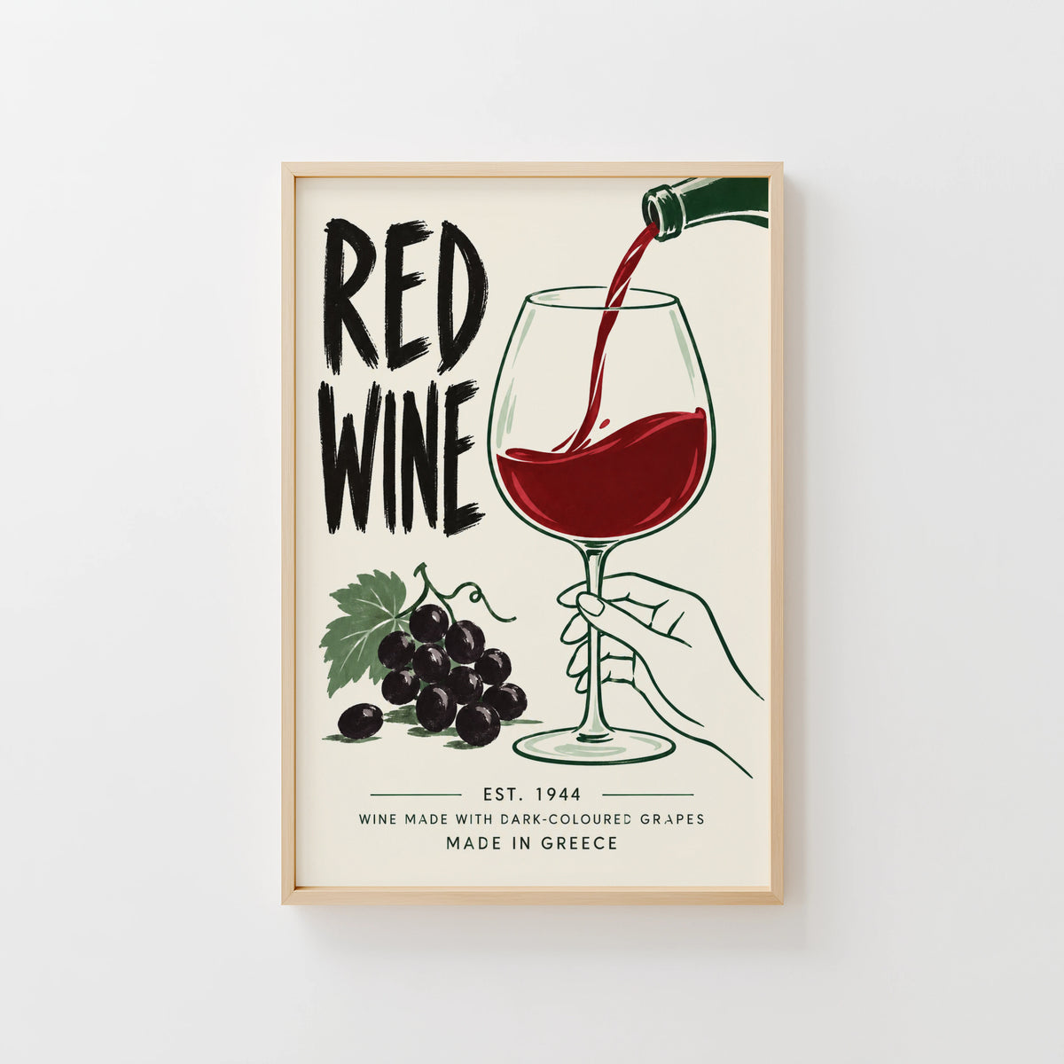 Vintage Red Wine Print Poster, Kitchen Wall Art, Greece