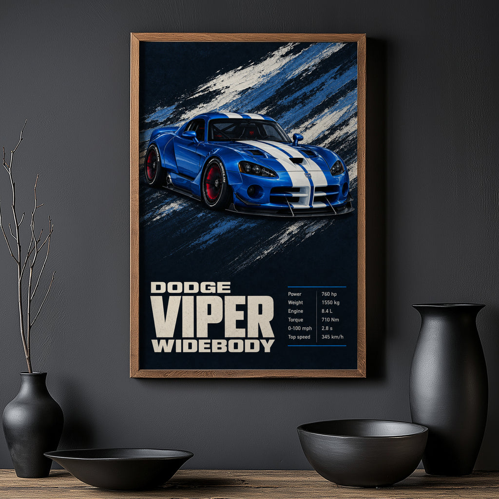 Vintage Dodge Viper Widebody Print, Blue Car Art