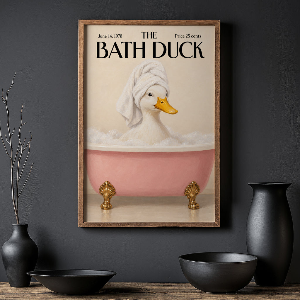 Vintage Bath Duck Print, Pink Bathtub Poster