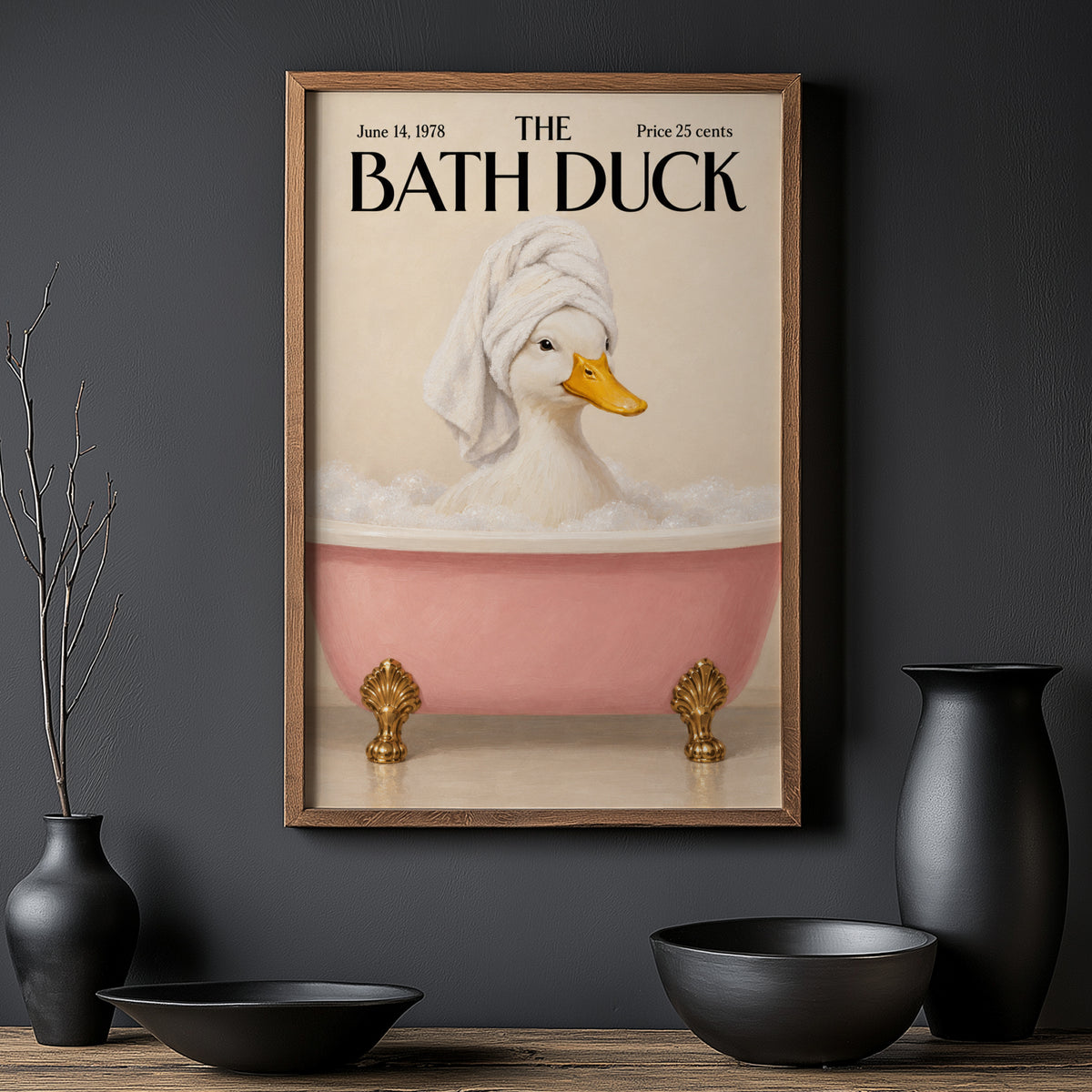 Vintage Bath Duck Print, Pink Bathtub Poster