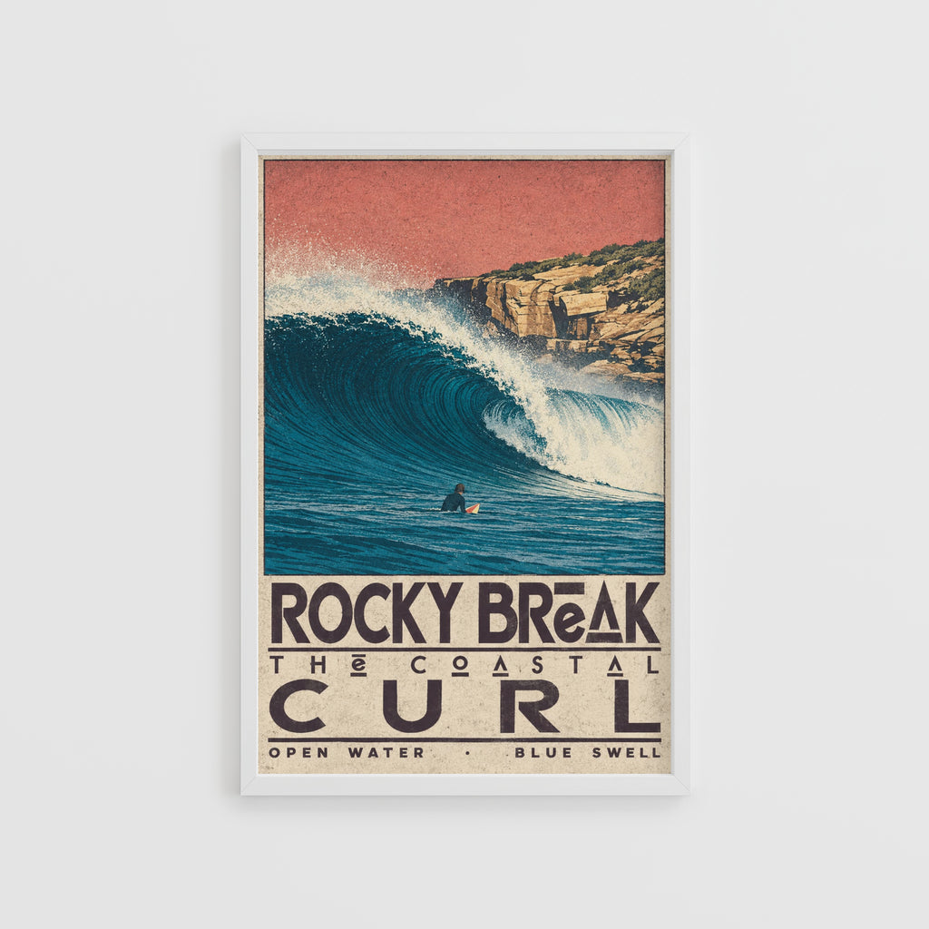 Vintage Surf Print, Rocky Break Poster, Coastal Wave