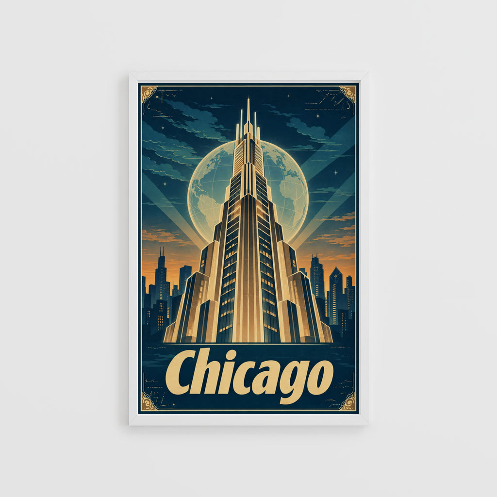 Vintage Chicago Poster, Art Deco Skyline Wall Art Print