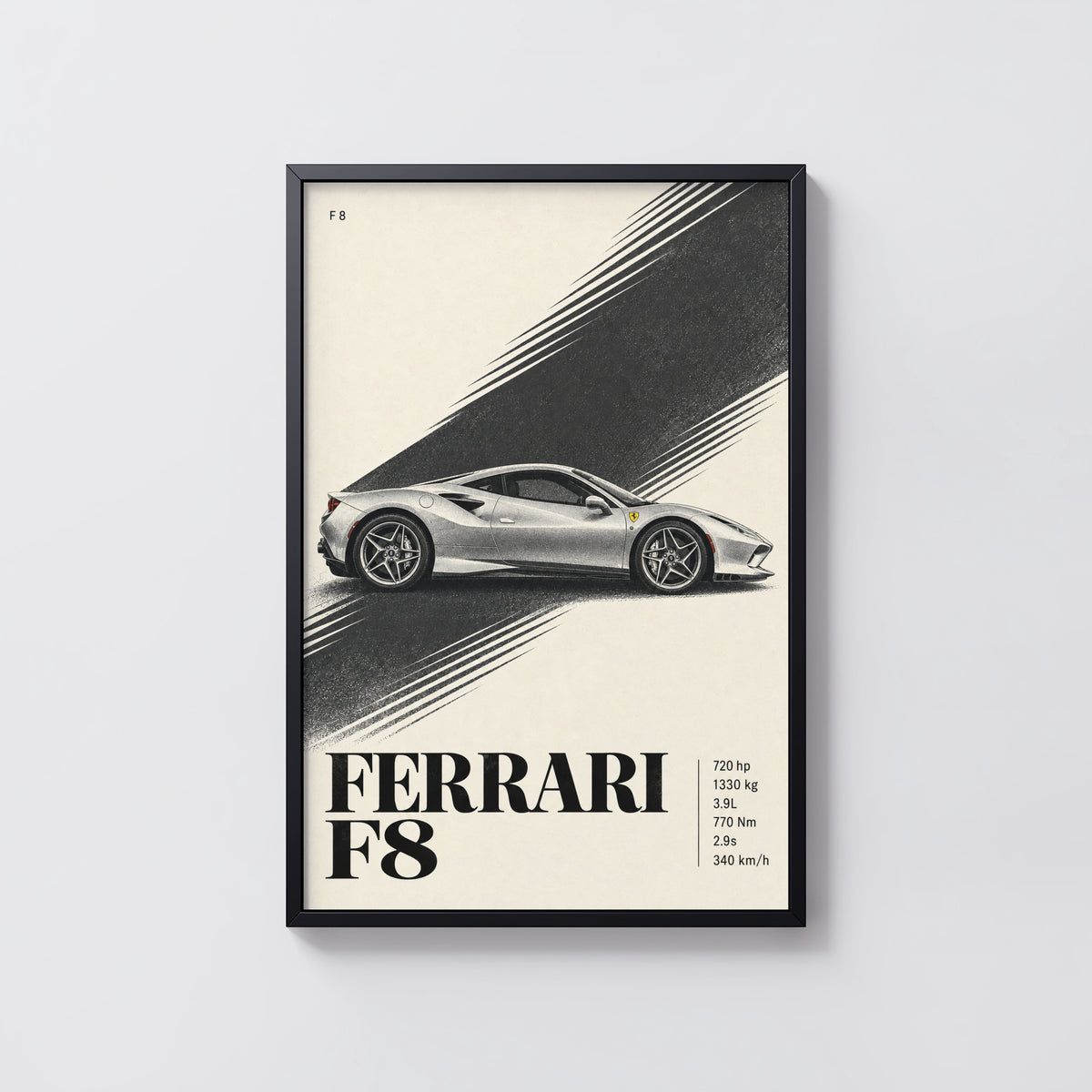 Vintage Ferrari F8 Print, Supercar Wall Art